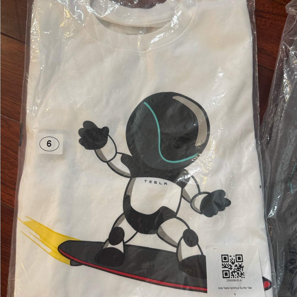 SOLD. Tesla Kids Optimus Surfer Tee - White and Black